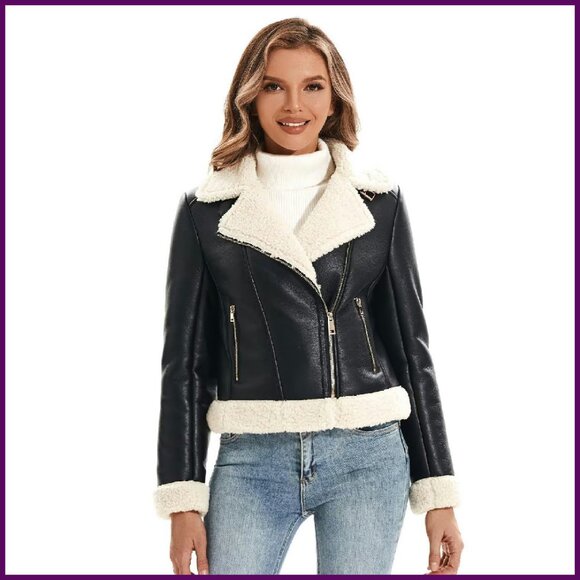 Faux Fur Lined Moto Jacket Cropped Windproof Winter Coat